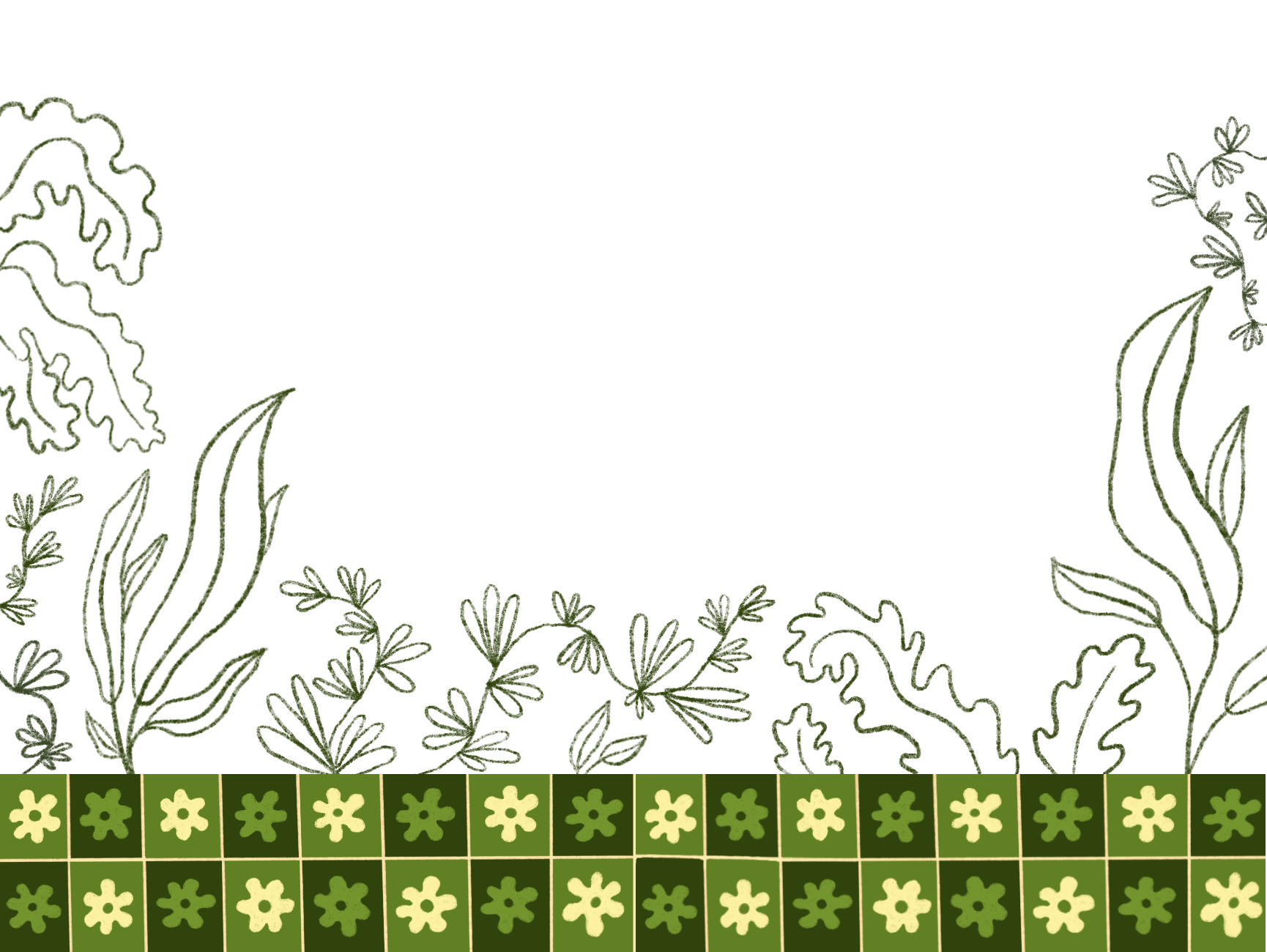 Plant illustration above a floral checkered pattern